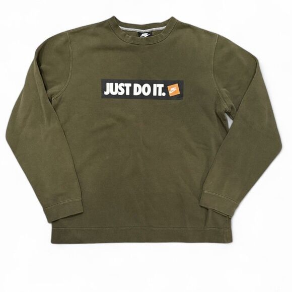 Nike Just Do It Pullover Crewneck Sweatshirt Men’s Large Olive Green Logo - Picture 1 of 9